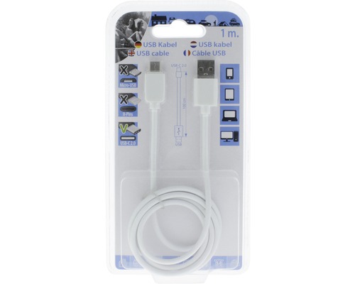 Biely USB kábel, jeden meter dlhý, v obale