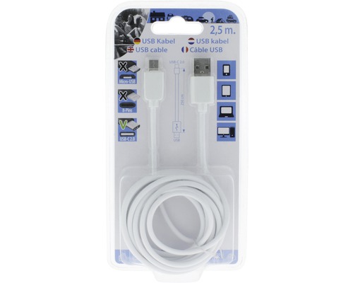 Biely 2,5 metrový USB kábel s konektorom USB-C 2.0