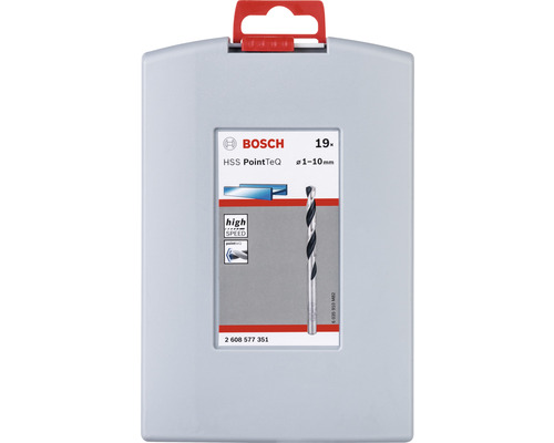 Logo Bosch. Súprava vrtákov HSS PointTeQ, 19-dielna, priemer 1 až 10 milimetrov.