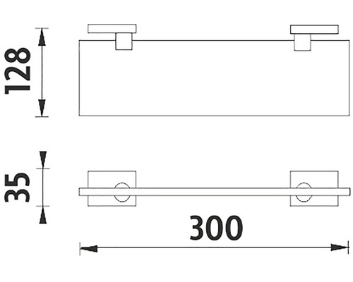Technický výkres sklenenej police s rozmermi