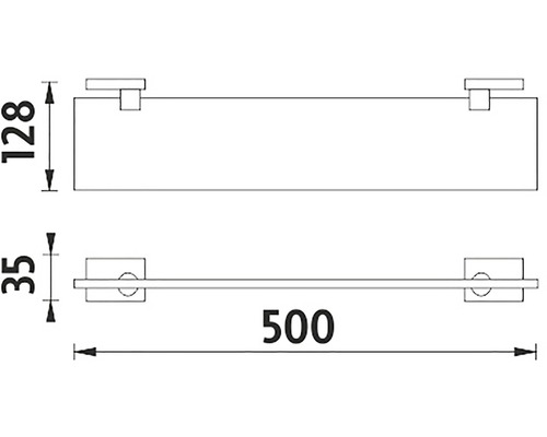 Technický nákres nástennej police s držiakom na uteráky a rozmermi
