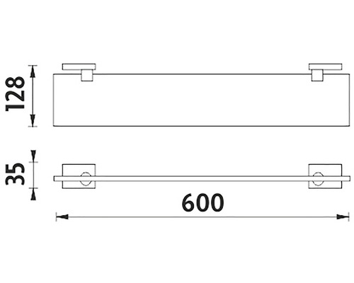 Technický nákres kúpeľňovej police s držiakom na uteráky a rozmermi