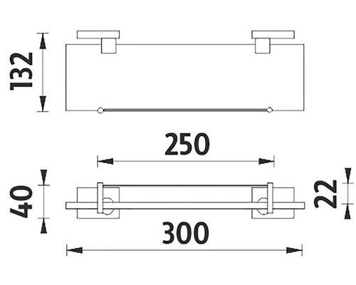Technický nákres kúpeľňovej police s rozmermi.