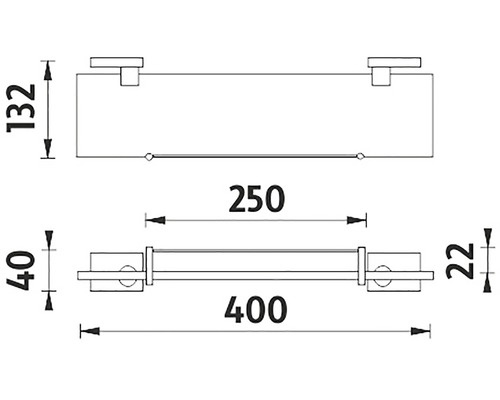 Technický výkres kúpeľňovej police s rozmermi 400 x 132 x 40 mm.