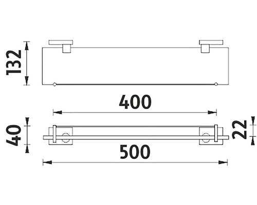Technický nákres kúpeľňovej police s rozmermi.