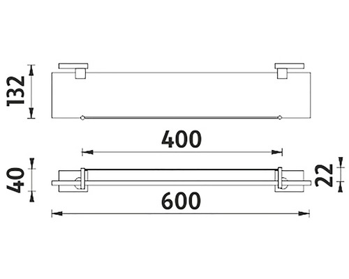 Technický nákres sklenenej police s rozmermi 600 x 400 x 132 mm