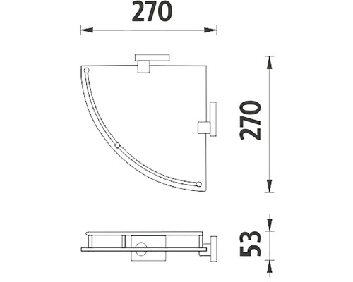 Technický nákres rohovej police s rozmermi