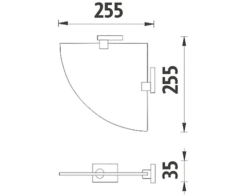Technický výkres rohovej police s rozmermi