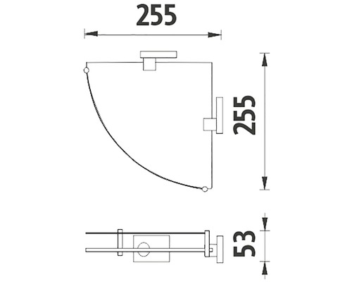 Technický nákres rohovej sprchovej police s rozmermi 255 x 255 x 53 milimetrov.
