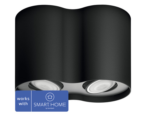 LED bodové svietidlo Philips HUE 8719514338425 Pillar 2x 5 W 2x 350 lm 2200-6500 K čierne s diaľkovým ovládaním - kompatibilné so SMART HOME by hornbach Čierne stropné svietidlo s dvoma žiarovkami a logom Smart Home.