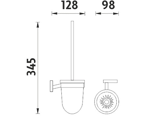Technický nákres držiaka toaletnej kefy s rozmermi