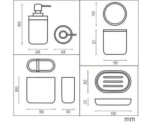 Technický nákres kúpeľňovej súpravy s dávkovačom mydla, kruhom na uteráky, pohárom, miskou na mydlo a pohárom na zubné kefky s rozmermi v milimetroch
