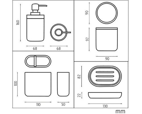Technický výkres kúpeľňovej súpravy s dávkovačom mydla, kruhom na uterák, pohárom na zubné kefky, miskou na mydlo a pohárom s rozmermi