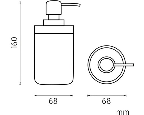 Technický výkres dávkovača mydla s krúžkom na uterák a rozmermi