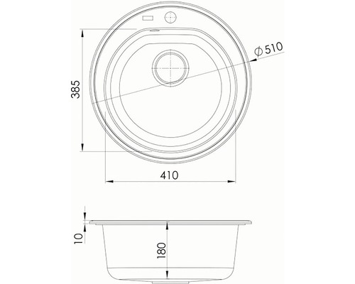 Technický nákres okrúhleho drezu s rozmermi priemer 510 mm, dĺžka 385 mm, šírka 410 mm a výška 180 mm.