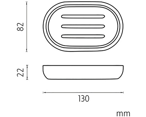 Technický nákres mydelničky s rozmermi 82 mm výška, 22 mm hĺbka a 130 mm šírka.