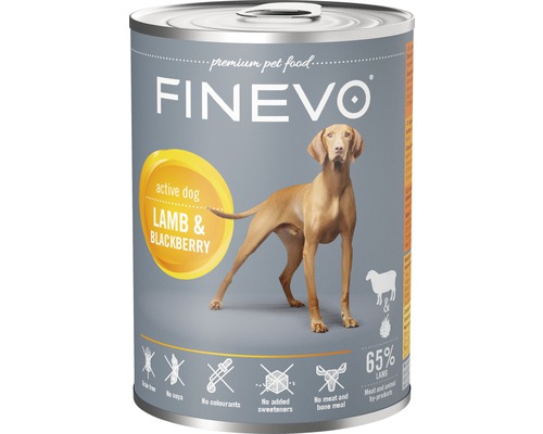 Konzerva pre psov FINEVO Active Dog jahňacie s černicami 400 g