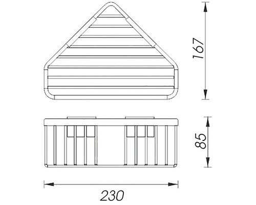 Technický nákres rohovej police s rozmermi