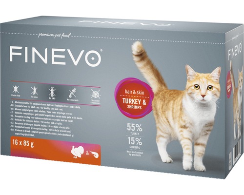 Kapsička pre mačky Finevo Hair&Skin morčacie a krevety 16 x 85 g Krmivo pre mačky Finevo morka a krevety, 16 krát 85 gramov