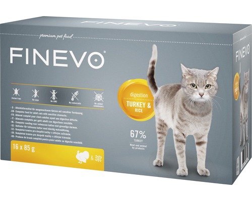 Kapsička pre mačky Finevo Digestion morčacie s ryžou 16 x 85 g Krmivo pre mačky Finevo s morčacím mäsom a ryžou, balenie 16 krát 85 gramov