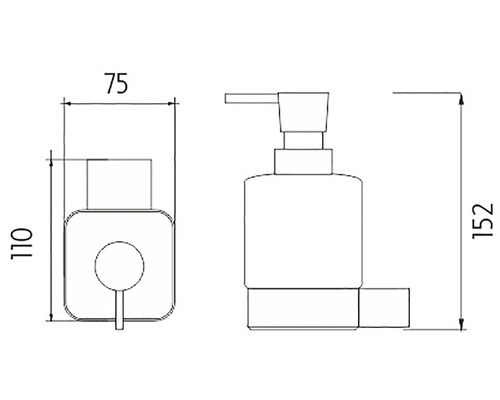 Technický nákres dávkovača mydla s rozmermi