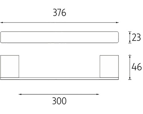 Technický nákres nástennej police s rozmermi 376 x 23 x 46 mm a dĺžkou 300 mm.