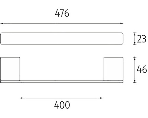 Technický nákres nástennej police s rozmermi 476 mm šírka, 23 mm výška, 400 mm dĺžka a 46 mm výška