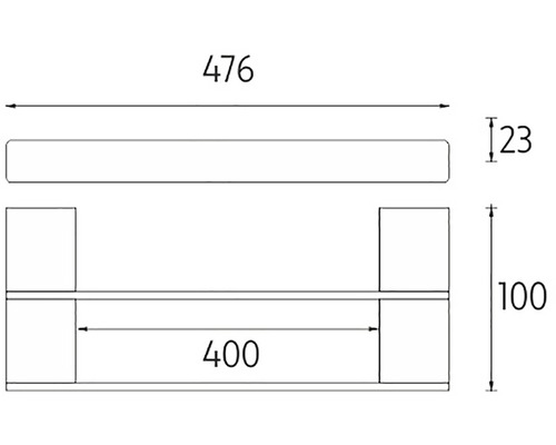 Technický nákres nástennej police s rozmermi 476, 100 a 23 milimetrov