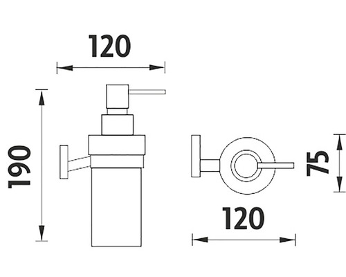Technický nákres dávkovača mydla s rozmermi