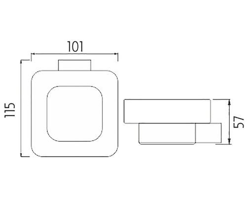 Technický nákres dávkovača s rozmermi 101 x 115 x 57 mm
