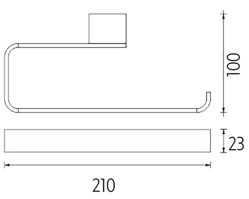 Technický nákres držiaka toaletného papiera s rozmermi 210 x 100 x 23 milimetrov