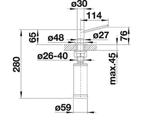 Rozmerový nákres armatúry s údajmi o priemere v milimetroch