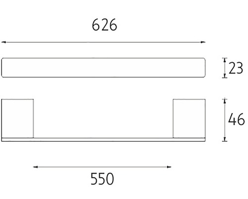 Technický nákres nástennej police s rozmermi 626, 23, 46 a 550 milimetrov.