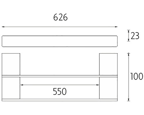 Technický nákres nástennej police s rozmermi