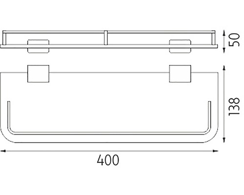 Technický nákres sprchovej police s rozmermi 400 x 138 x 50 milimetrov.