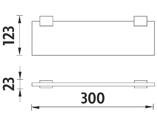 Technický nákres police s rozmermi 123, 23 a 300.