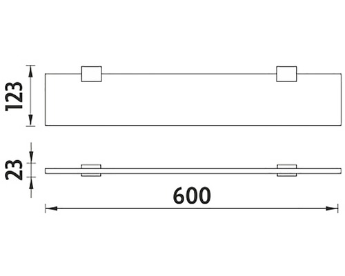 Technický nákres nástennej police s rozmermi 123 x 23 x 600 milimetrov