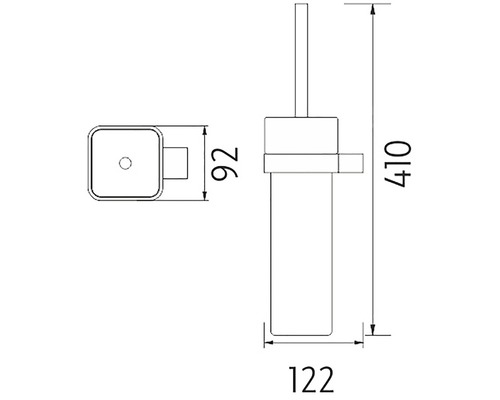 Technický nákres súpravy WC s rozmermi 410 mm výška, 92 mm hĺbka a 122 mm šírka.