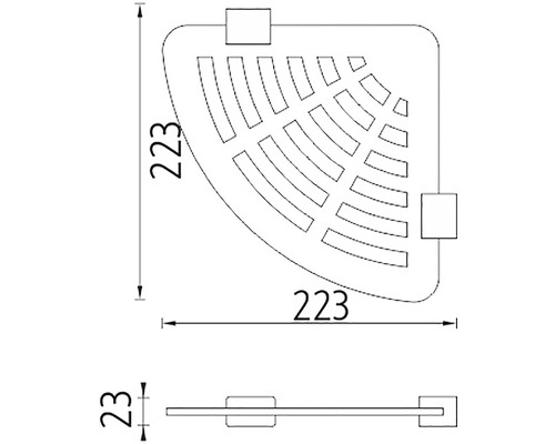 Technický nákres rohovej police s rozmermi 223 x 223 x 23 milimetrov