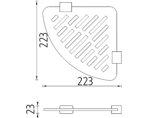 Technický nákres rohovej police s rozmermi 223 x 223 x 23 milimetrov