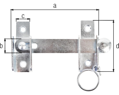Kovová západka so skrutkou s rozmermi a, b, c a d