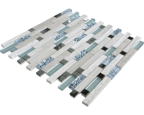 Mozaiková dlaždica s drevenou štruktúrou, sklenenými a zrkadlovými akcentmi