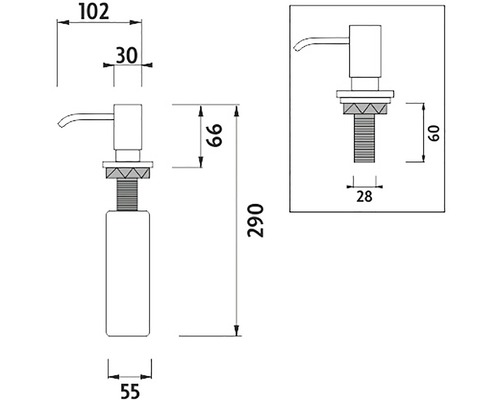 Technický nákres dávkovača mydla s rozmermi