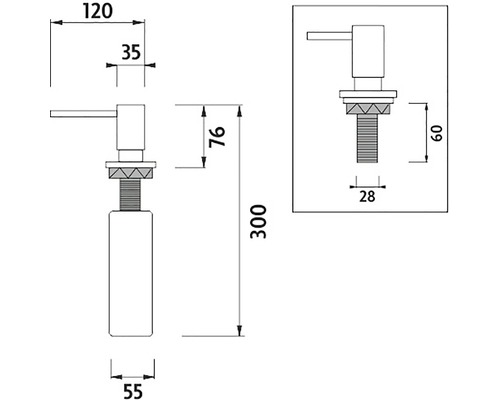 Technický nákres dávkovača mydla s rozmermi