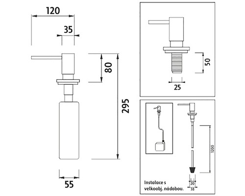 Technický nákres dávkovača saponátu s rozmermi