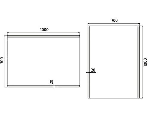 Technický nákres kvádrového objektu s rozmermi 1000 x 700 x 20 mm