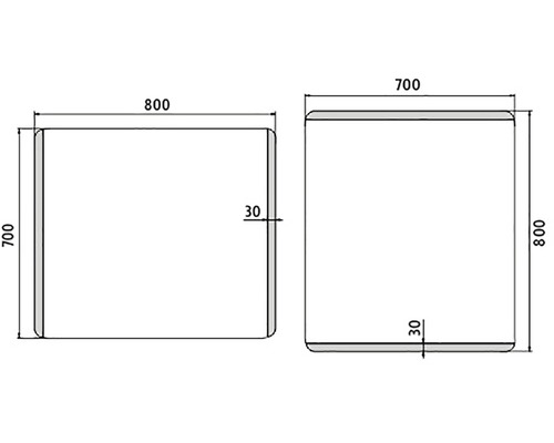 Technický nákres vane s rozmermi 700 x 800 milimetrov
