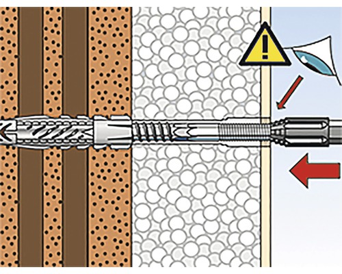 Ilustrácia upevnenia hmoždinky s varovaním na ochranu očí