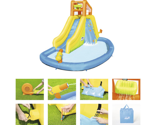 Nafukovacia šmykľavka s bazénom a detailné zábery inštalácie.