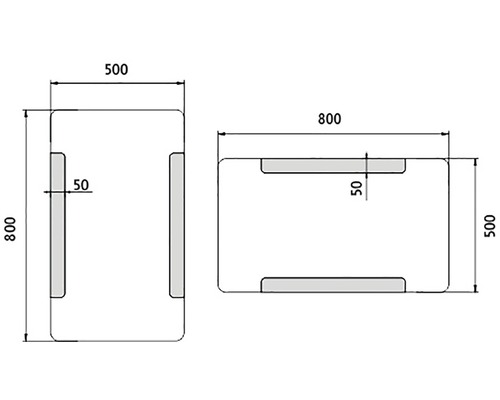 Technický výkres kontajnera s rozmermi 800 x 500 milimetrov.